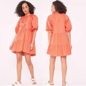 Cinq A Sept Lynn Poplin Puff‎ Sleeve Mini Dress Neon Coral Size 10